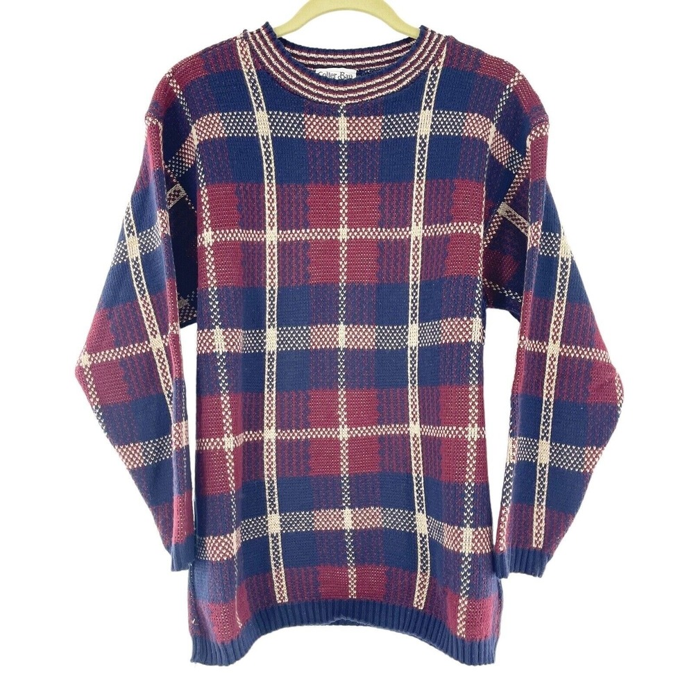 Vintage Colter Bay Plaid Sweater Red Blue‎ Cream Small USA Made Grandpa Metallic